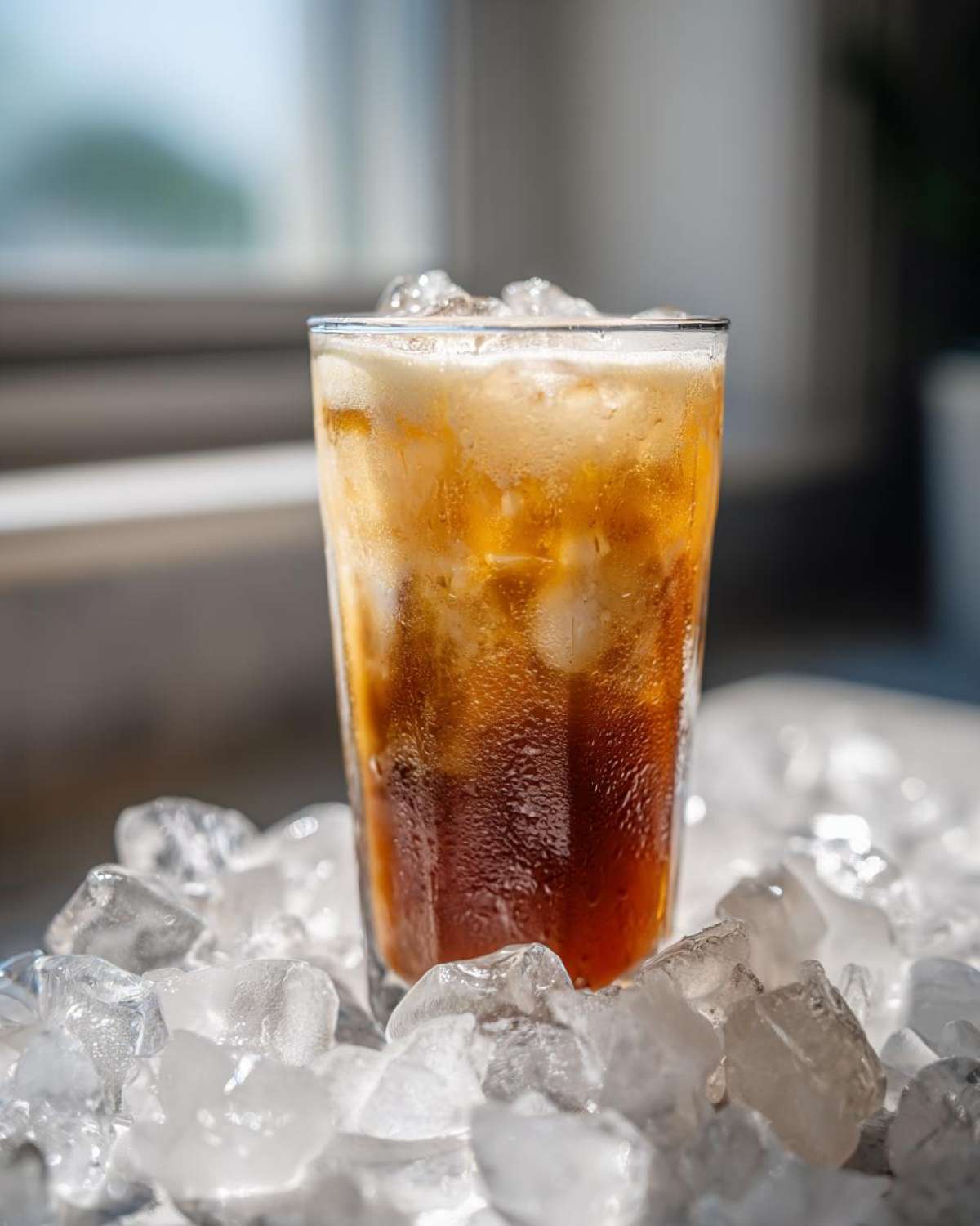 A tall glass of Iced Vanilla Chai Latte showing distinct layers of dark tea and creamy foam, surrounded by crushed ice.