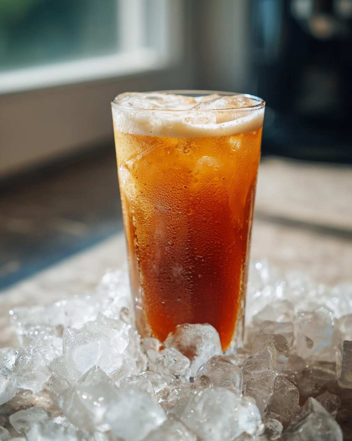 A tall glass of Iced Vanilla Chai Latte sweating condensation, surrounded by crushed ice.