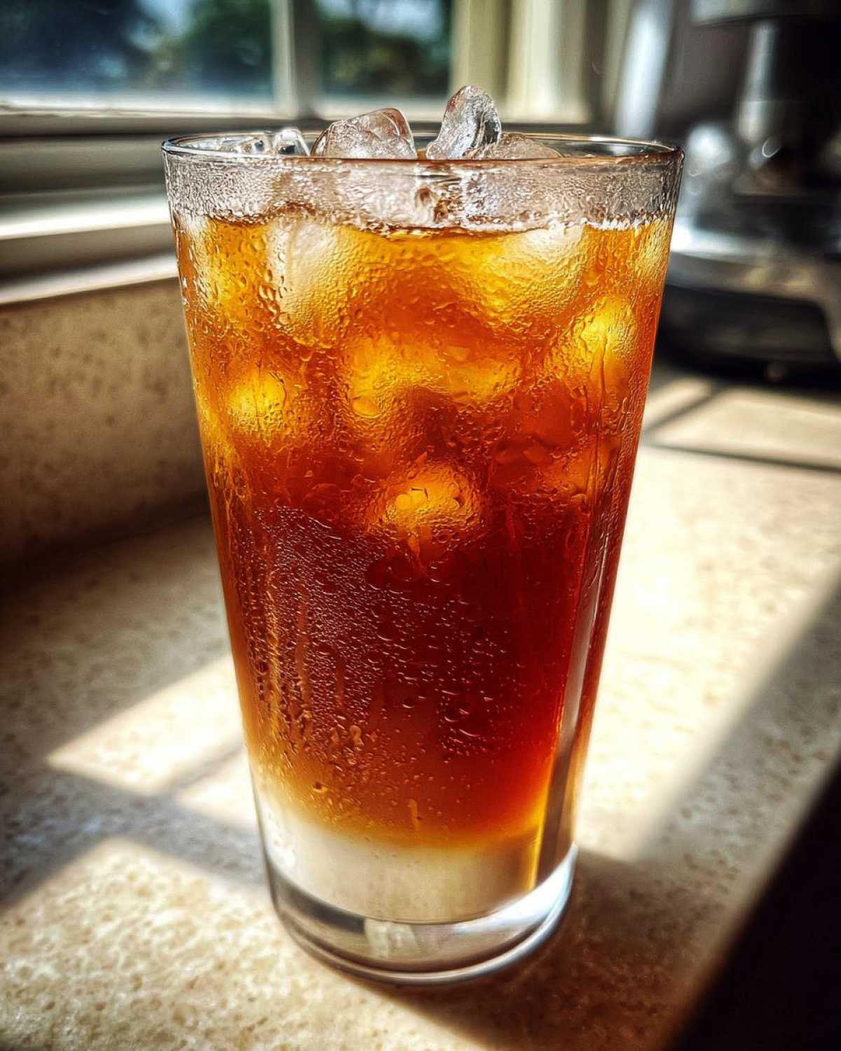 A tall, sweating glass filled with an Iced Vanilla Chai Latte, showing layers of milk and dark tea over ice cubes.