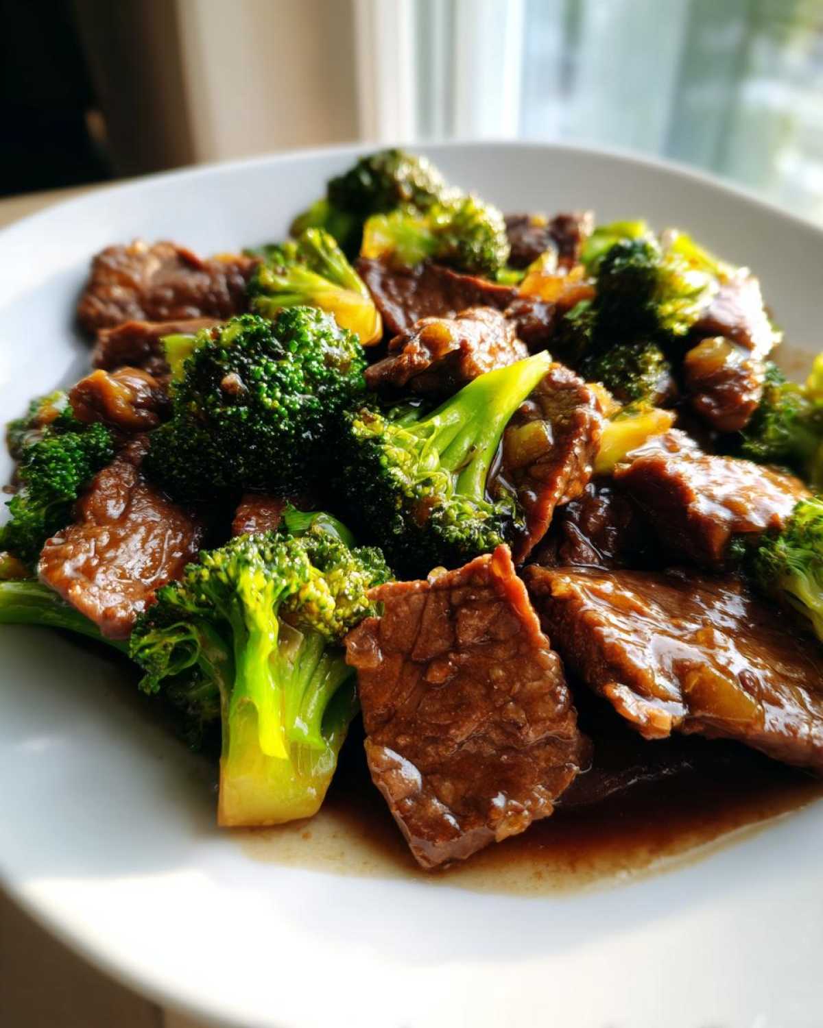 Close-up of tender slices of beef coated in savory sauce alongside bright green broccoli florets in Instant Pot Beef and Broccoli.