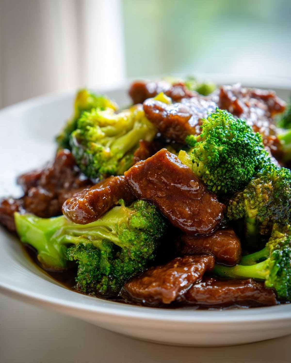 Close-up of tender beef slices coated in rich sauce mixed with vibrant green broccoli florets in Instant Pot Beef and Broccoli.