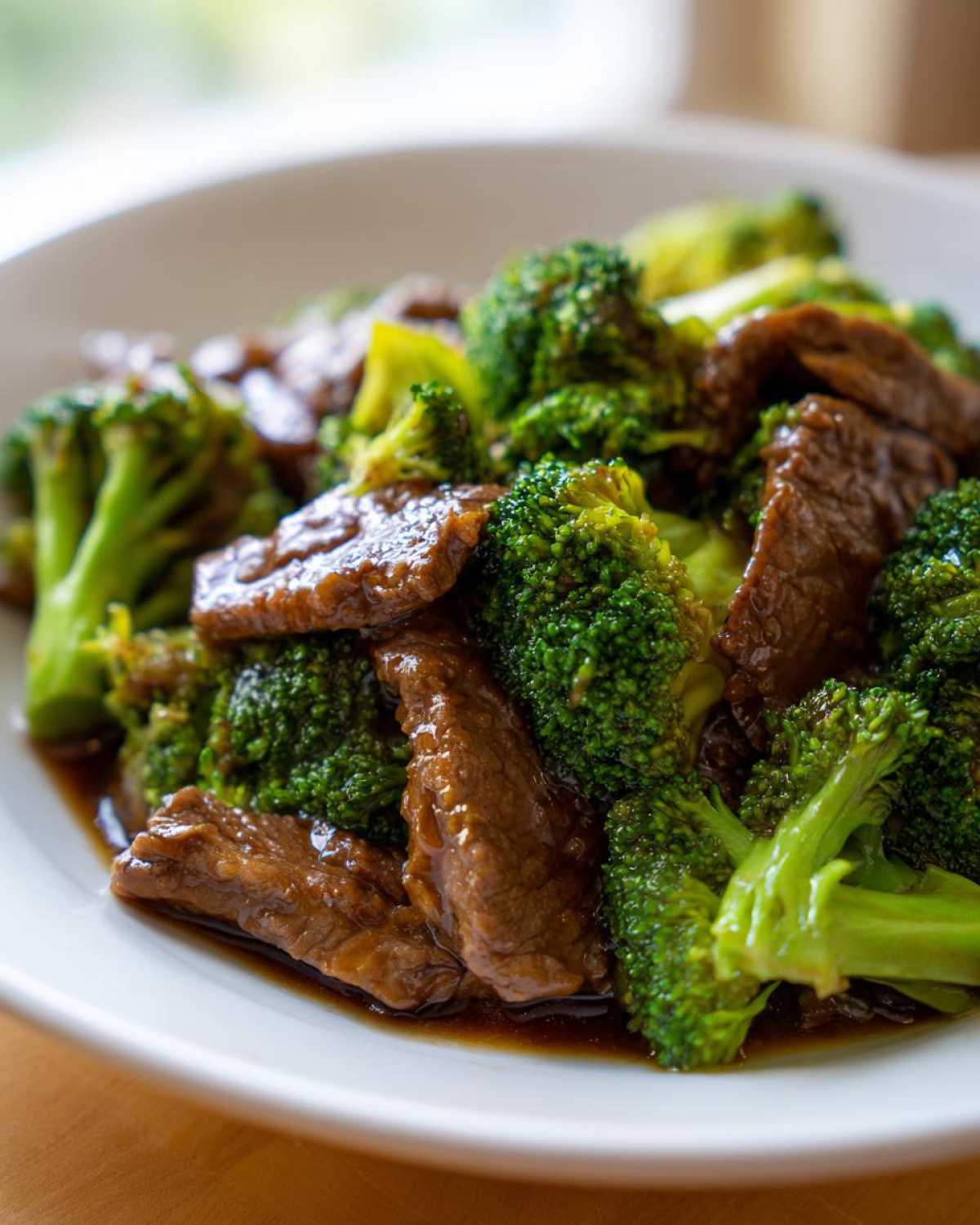 Close-up of tender slices of beef coated in sauce mixed with bright green broccoli florets, ready to eat Instant Pot Beef and Broccoli.