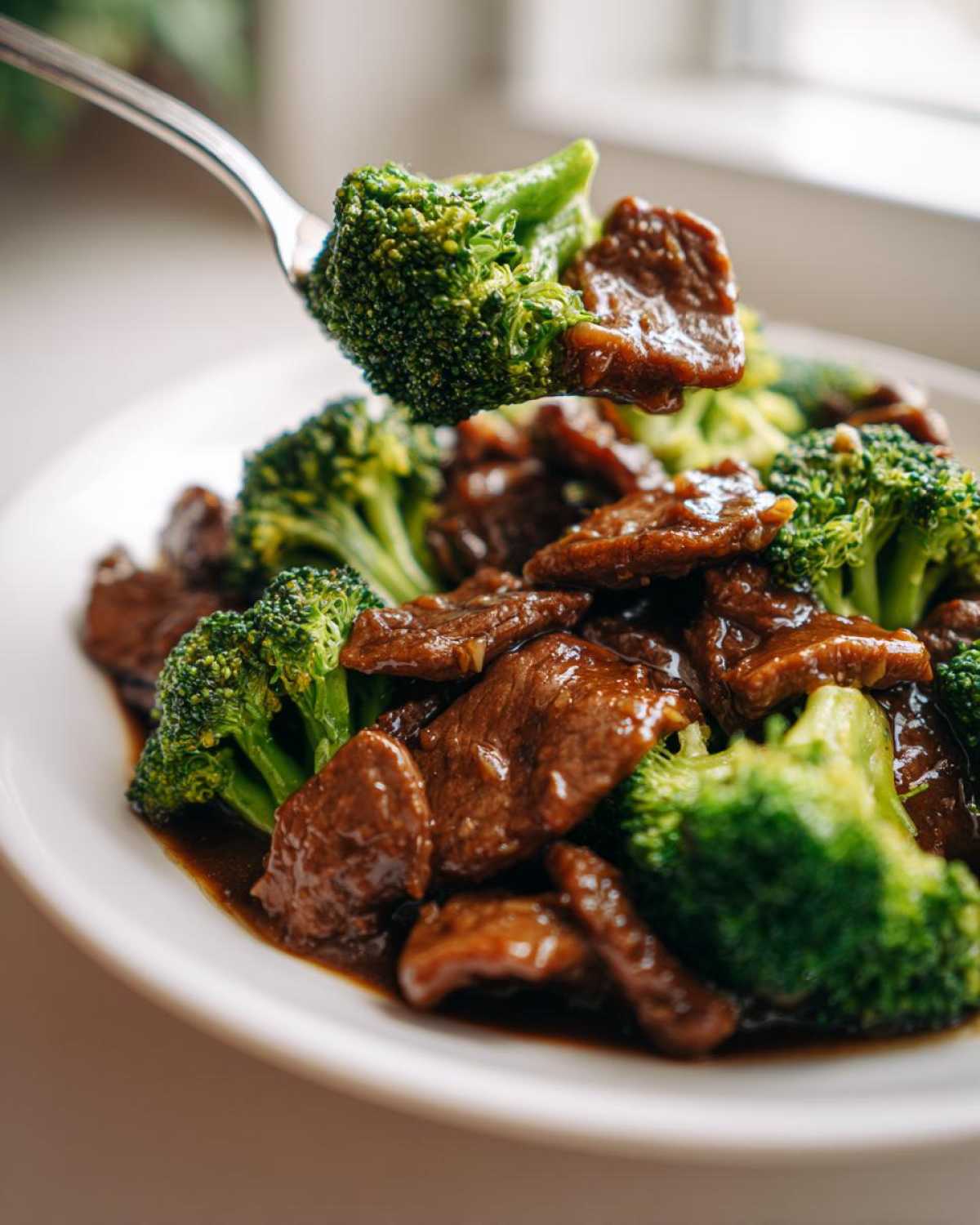 A fork lifts a piece of bright green broccoli and saucy beef from a plate of Instant Pot Beef and Broccoli.