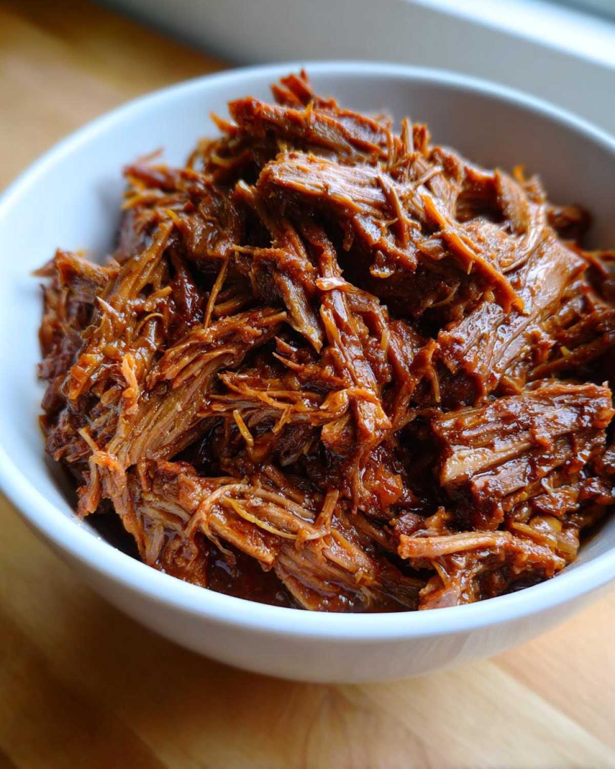 Close-up of tender, shredded Instant Pot Beef Barbacoa coated in rich sauce, served in a white bowl.