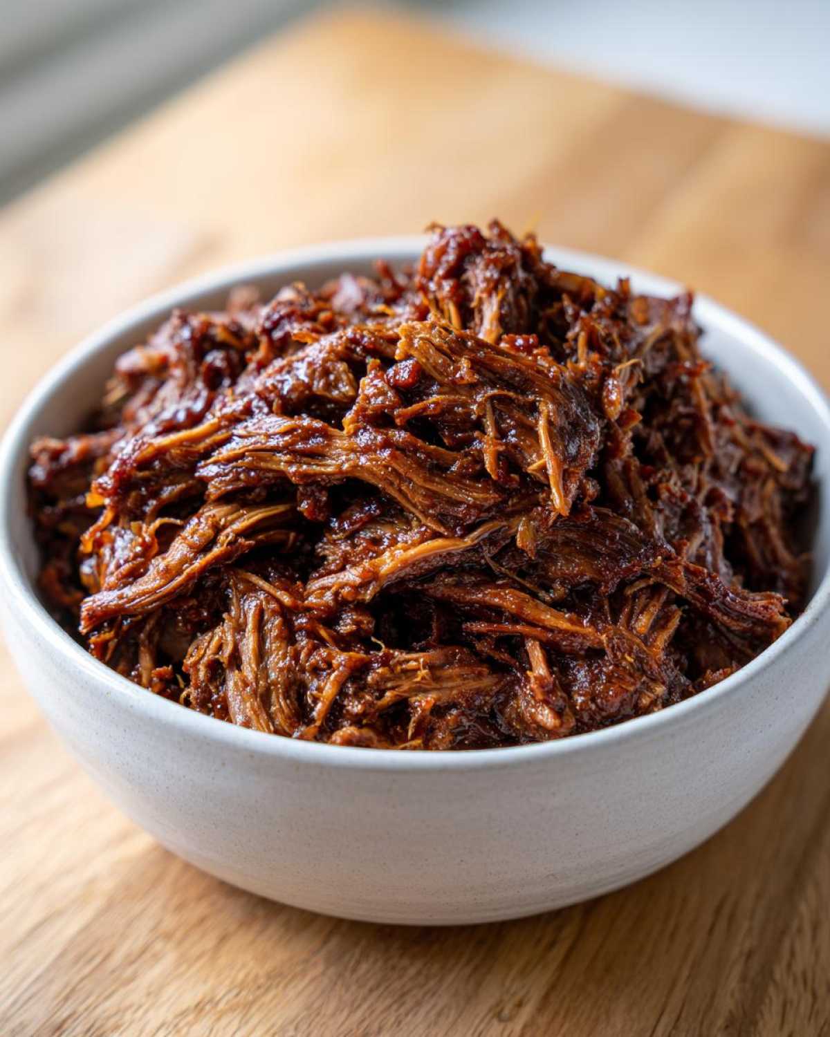 A close-up of rich, shredded Instant Pot Beef Barbacoa coated in sauce, served in a white bowl on a wooden surface.