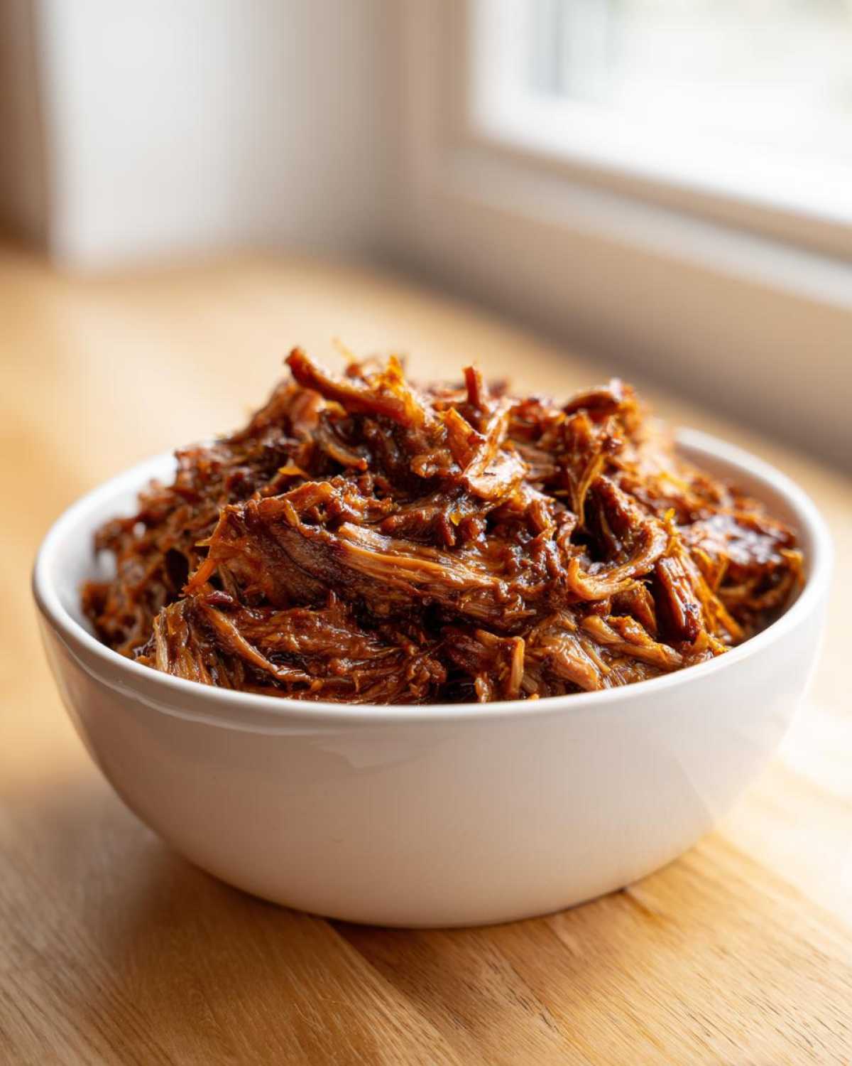 A white bowl filled with rich, shredded Instant Pot Beef Barbacoa resting on a light wooden surface.