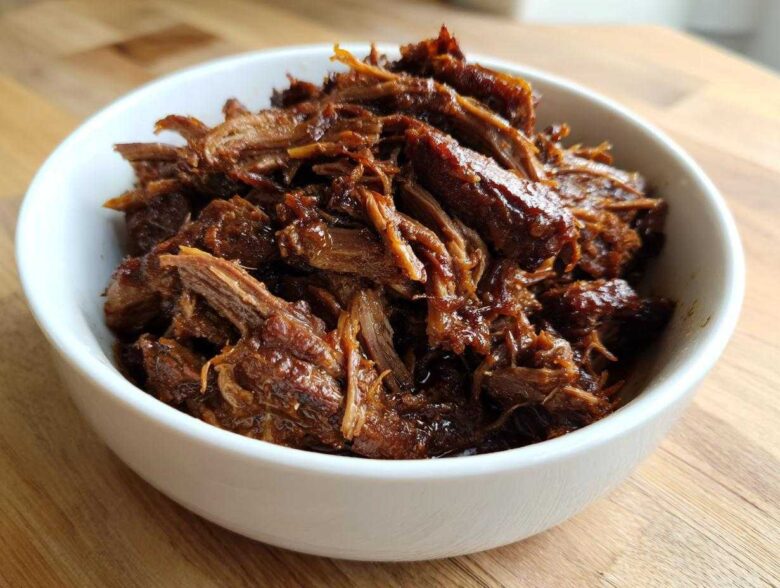 A white bowl filled with richly seasoned, shredded Instant Pot Beef Barbacoa resting on a wooden surface.