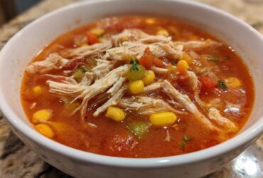 Close-up of a white bowl filled with Instant Pot Chicken Tortilla Soup, featuring shredded chicken, corn, and tomatoes.