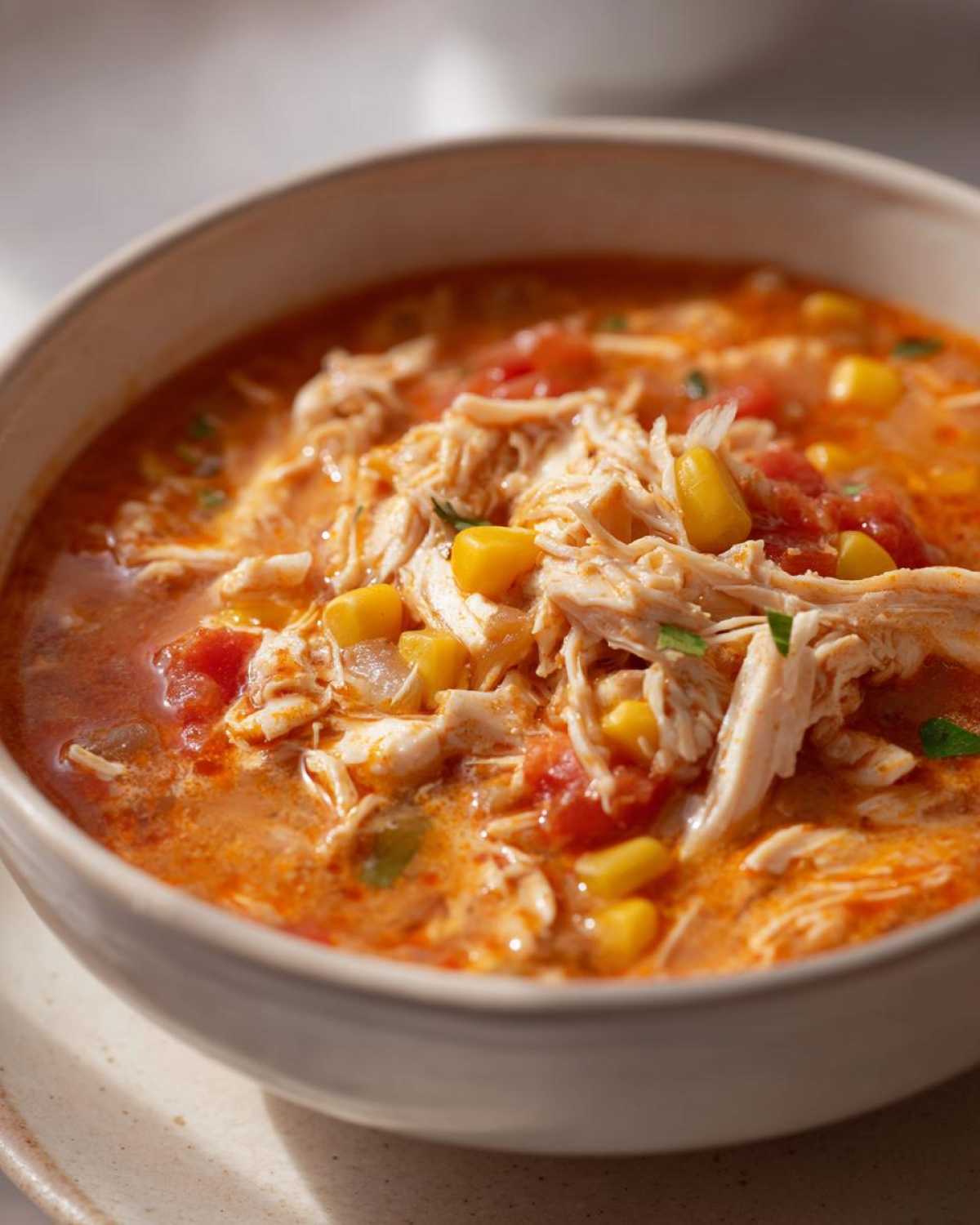 A close-up bowl of creamy Instant Pot Chicken Tortilla Soup topped with shredded chicken and corn kernels.