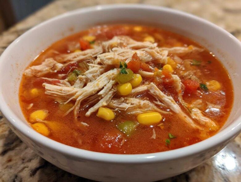 Close-up of a white bowl filled with Instant Pot Chicken Tortilla Soup, featuring shredded chicken, corn, and tomatoes.