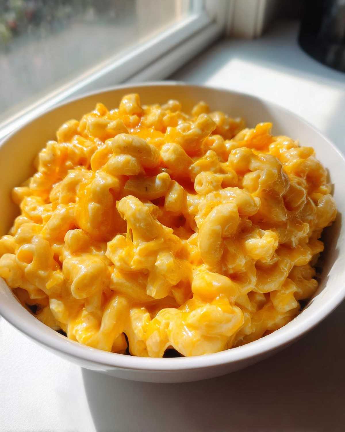 A close-up of creamy, cheesy Instant Pot Mac and Cheese served in a white bowl near a bright window.