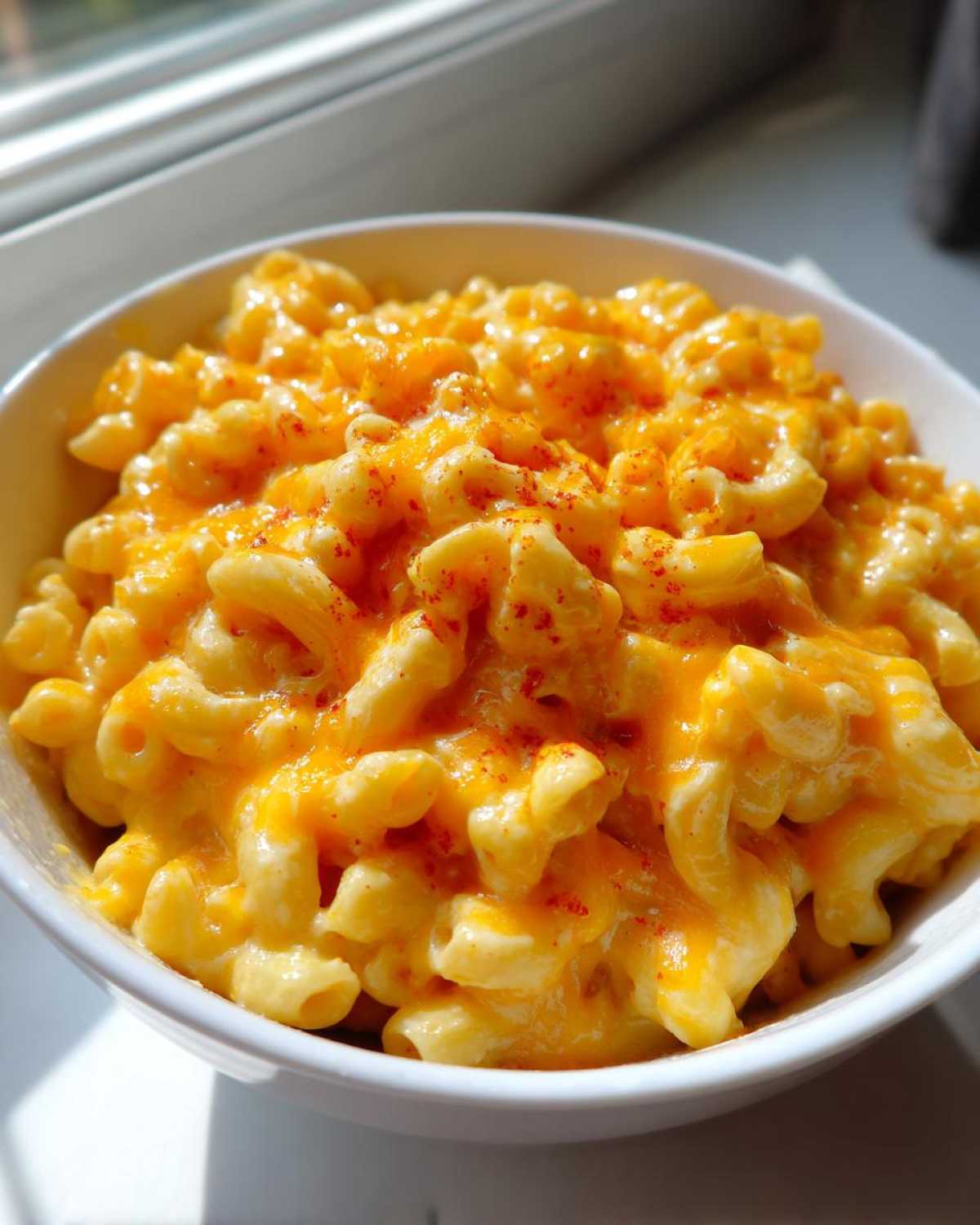 Close-up of creamy, cheesy Instant Pot Mac and Cheese topped with paprika in a white bowl.