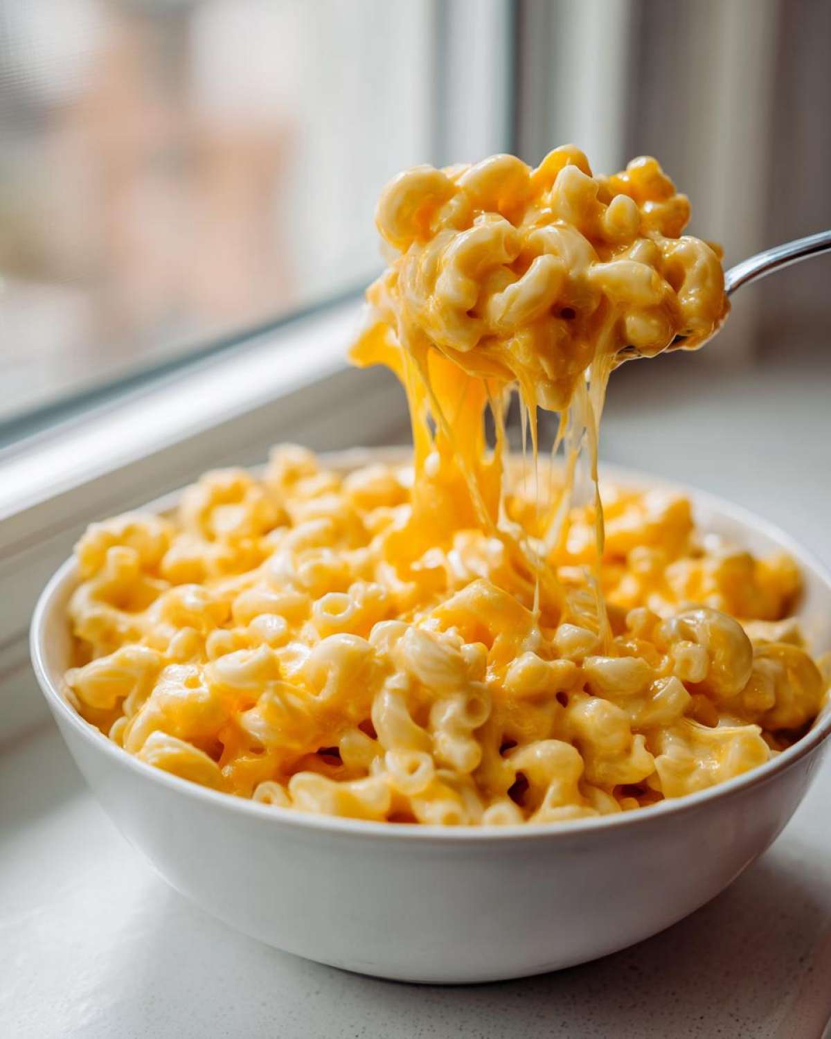 A spoonful of creamy Instant Pot Mac and Cheese showing a dramatic cheese pull over a white bowl.