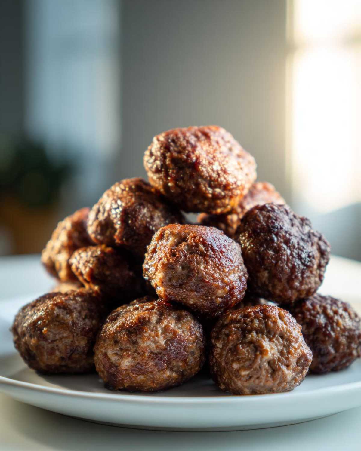 A close-up stack of perfectly browned Air Fryer Italian Meatballs piled high on a white plate.