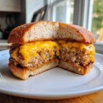 Cross-section of a juicy Air Fryer Turkey Burger topped with melted cheddar cheese on a toasted bun.