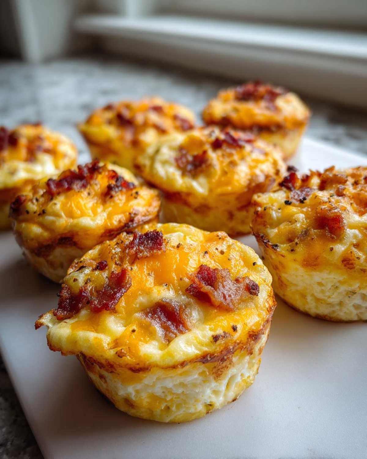 Close-up of several baked Keto Bacon and Egg Muffins topped with melted cheddar cheese and crispy bacon bits.