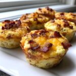 Close-up of freshly baked Keto Bacon and Egg Muffins topped with melted cheddar cheese and crispy bacon bits.
