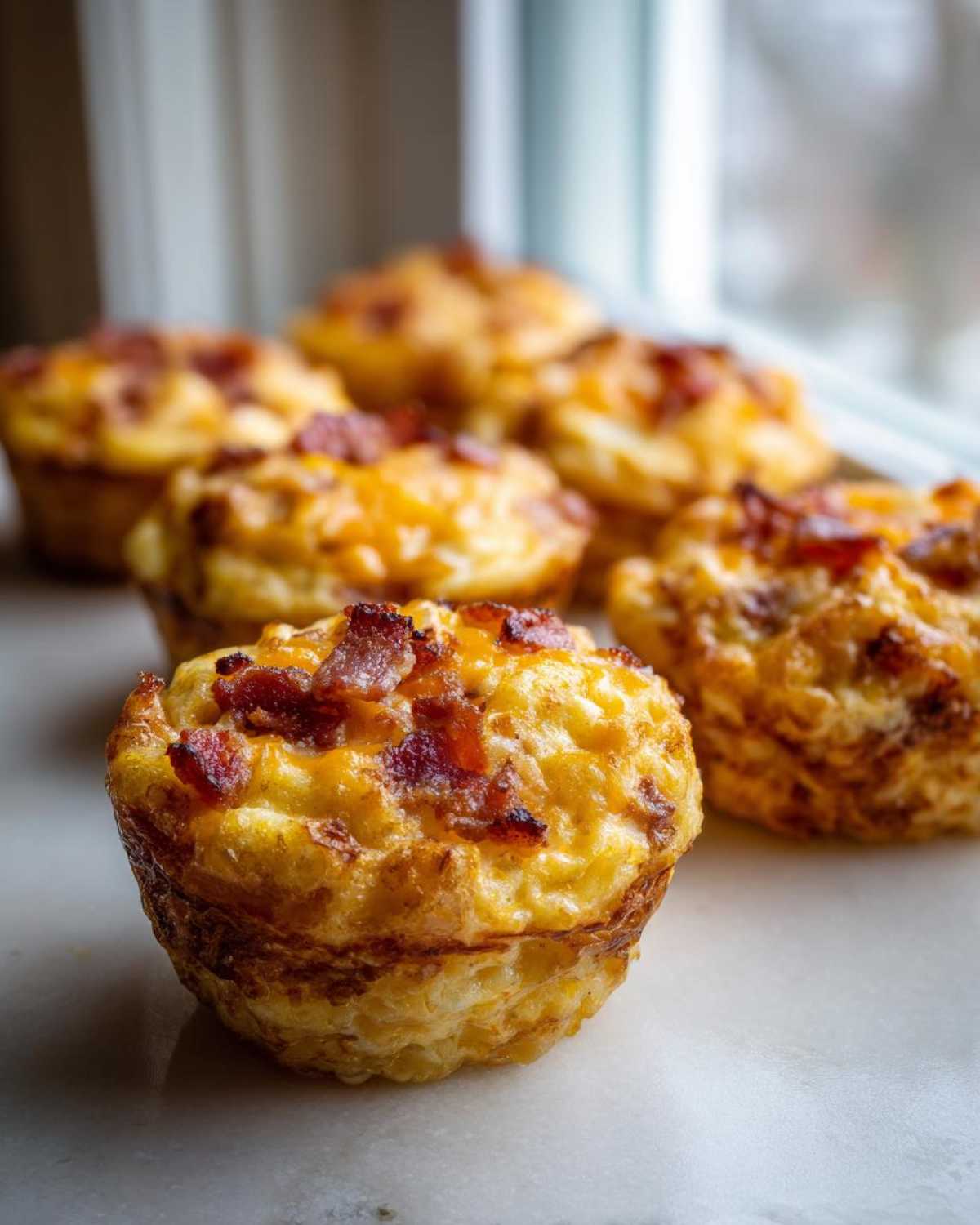 A close-up of a freshly baked Keto Bacon and Egg Muffins topped with crispy bacon bits and melted cheese.