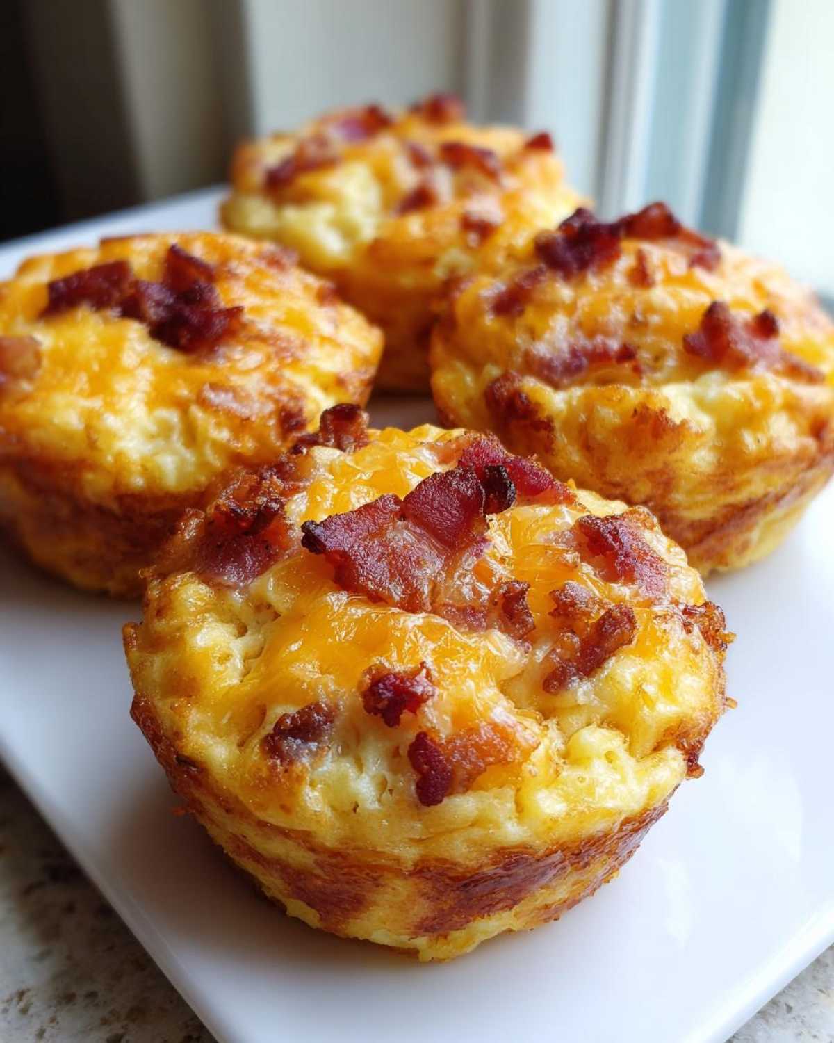Four freshly baked Keto Bacon and Egg Muffins topped with melted cheddar cheese and crispy bacon bits.