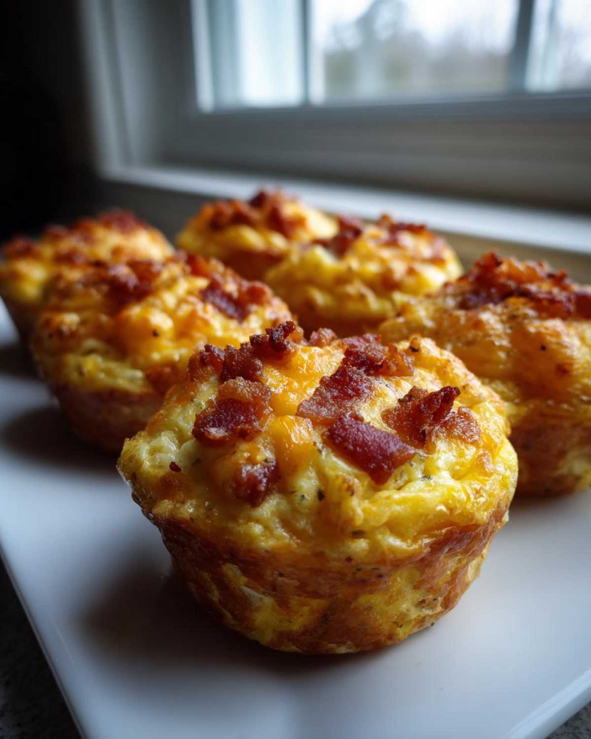 Close-up of several golden Keto Bacon and Egg Muffins topped with melted cheese and crispy bacon bits.