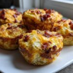 A close-up of several golden-brown Keto Bacon and Egg Muffins topped with melted cheese and crispy bacon bits.