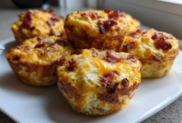 A close-up of several golden-brown Keto Bacon and Egg Muffins topped with melted cheese and crispy bacon bits.