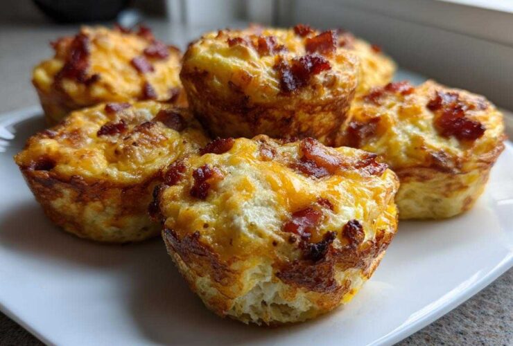 A close-up of several golden-brown Keto Bacon and Egg Muffins topped with melted cheese and crispy bacon bits.