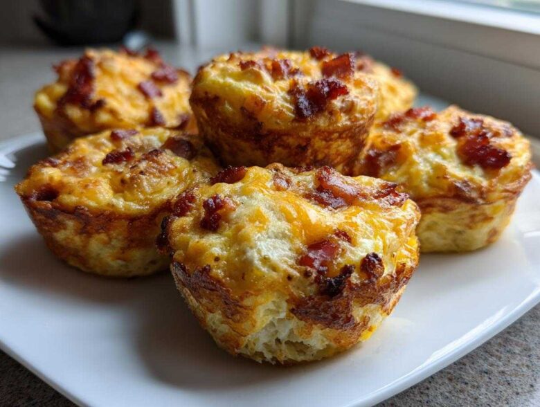 A close-up of several golden-brown Keto Bacon and Egg Muffins topped with melted cheese and crispy bacon bits.