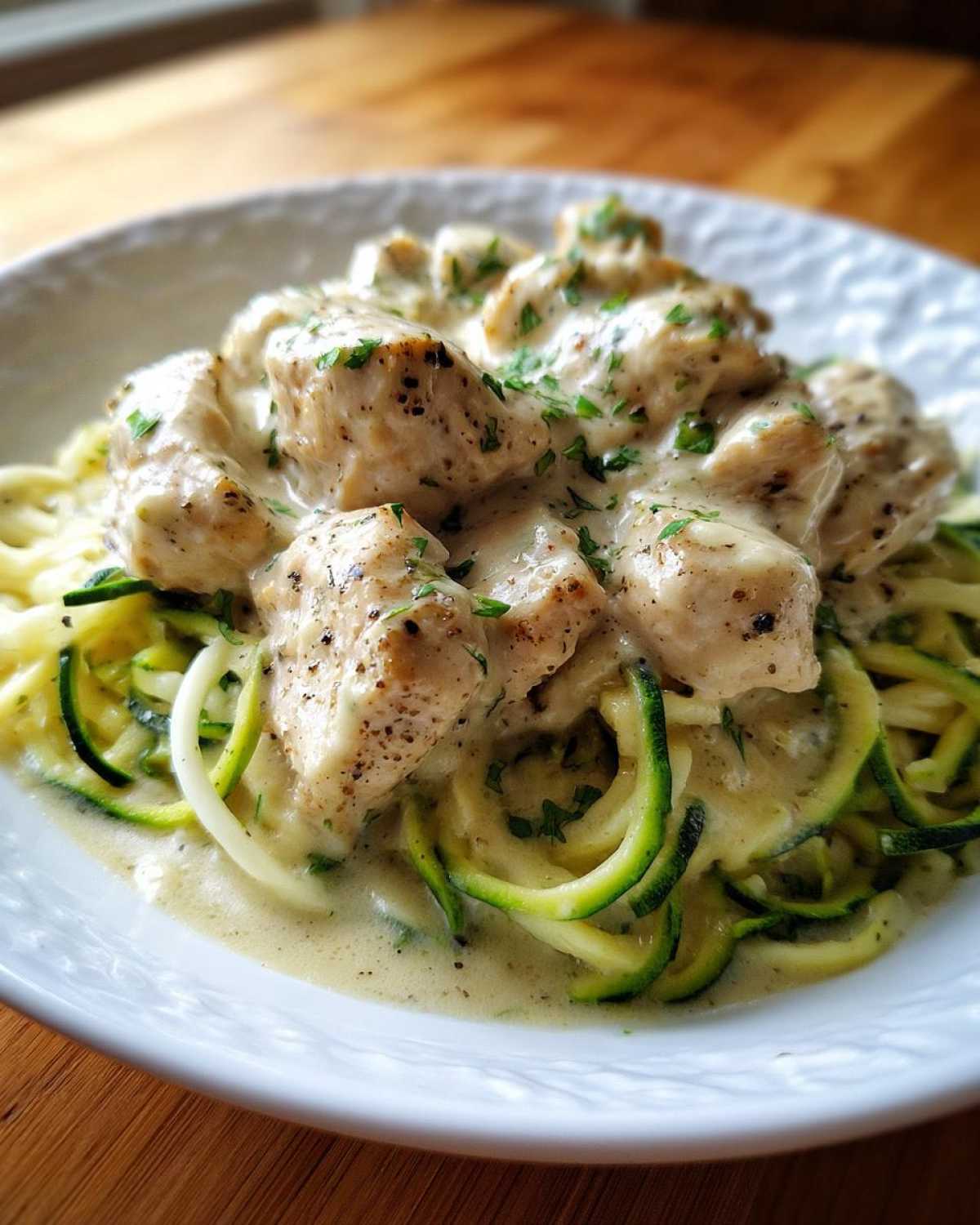 Close-up of Keto Chicken Alfredo featuring seasoned chicken pieces over zucchini noodles (zoodles) in a creamy sauce.