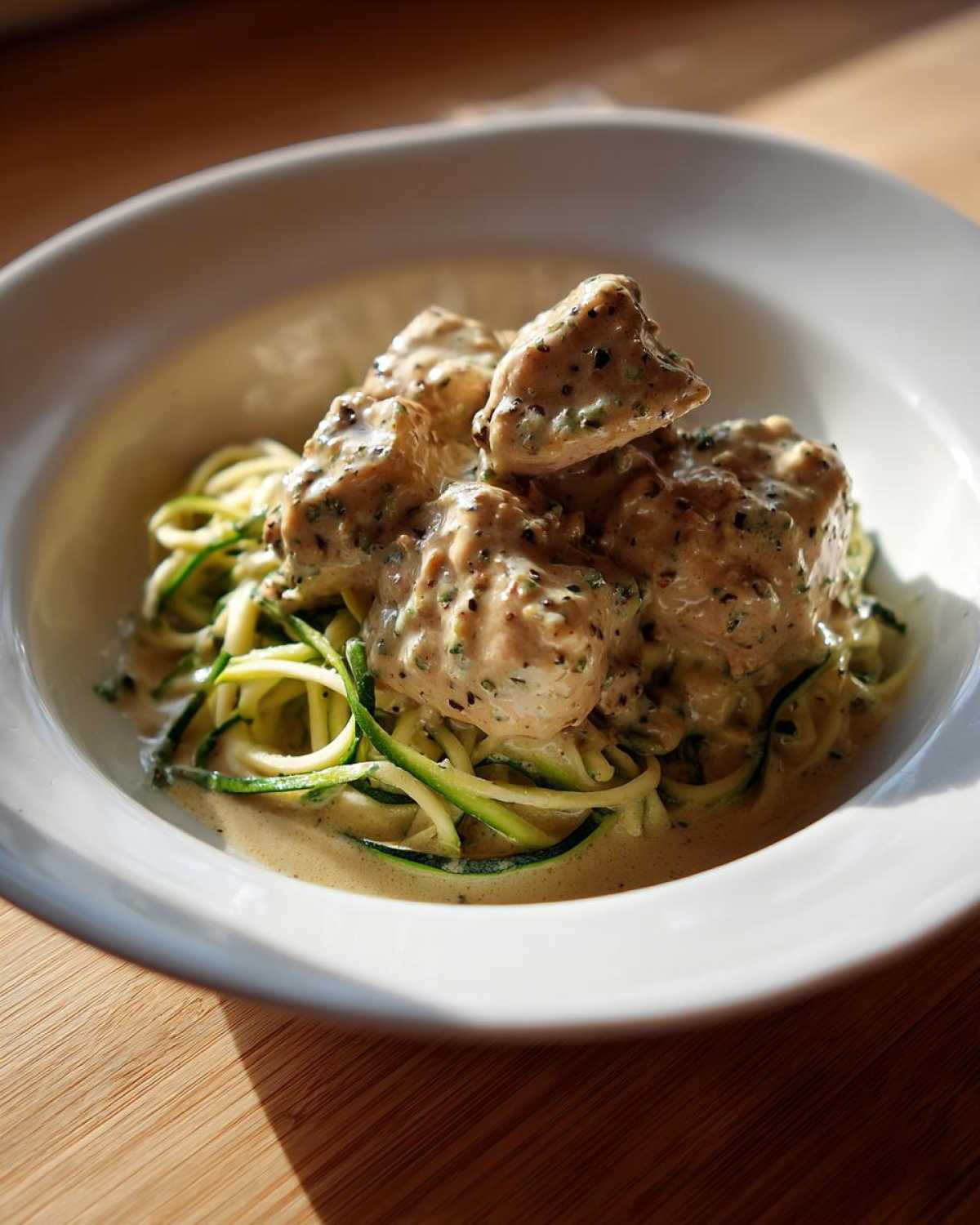 A bowl of Keto Chicken Alfredo featuring creamy sauce-coated chicken pieces served over zucchini noodles (zoodles).