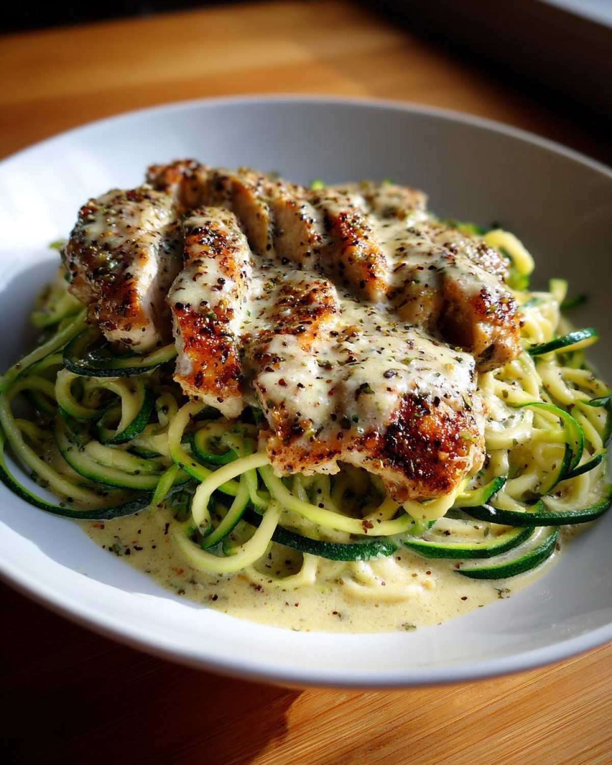 Close-up of Keto Chicken Alfredo featuring sliced, seasoned chicken breast over zucchini noodles covered in creamy sauce.