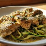 Close-up of creamy Keto Chicken Alfredo served over a bed of zucchini noodles (zoodles).