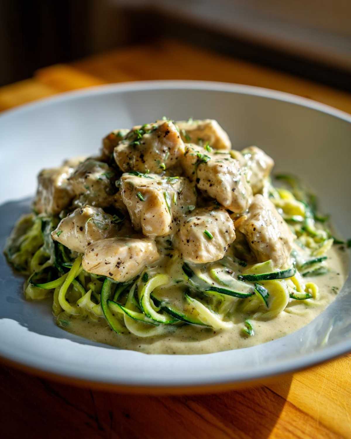 A bowl of Keto Chicken Alfredo featuring chunks of seasoned chicken breast over a bed of bright green zucchini noodles coated in creamy sauce.