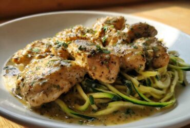 Close-up of creamy Keto Chicken Alfredo served over a bed of zucchini noodles (zoodles).