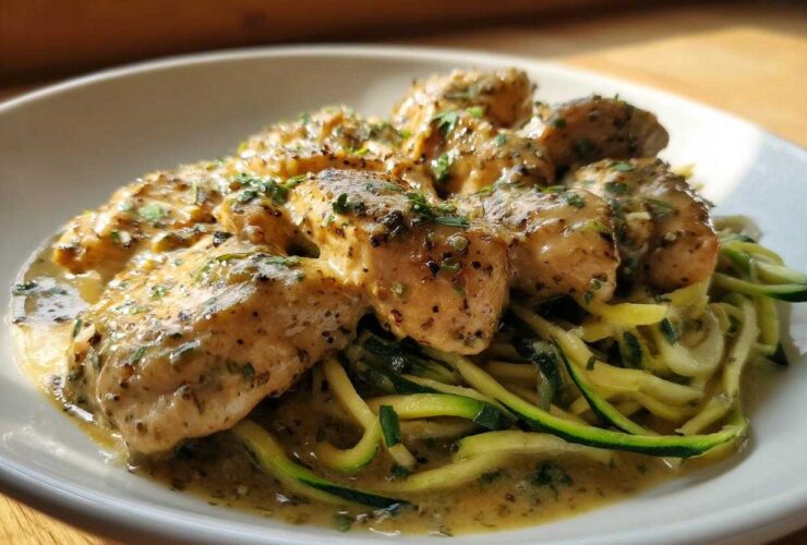 Close-up of creamy Keto Chicken Alfredo served over a bed of zucchini noodles (zoodles).