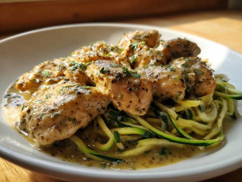 Close-up of creamy Keto Chicken Alfredo served over a bed of zucchini noodles (zoodles).