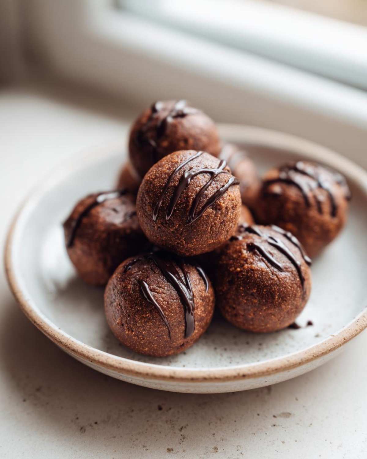 A stack of rich, dark brown Keto Chocolate Peanut Butter Fat Bombs drizzled with melted chocolate.