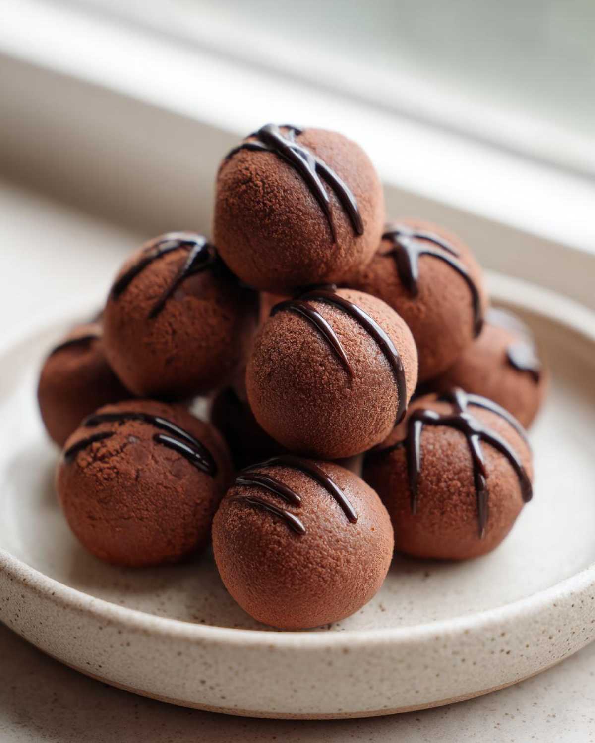 A stack of rich, cocoa-dusted Keto Chocolate Peanut Butter Fat Bombs drizzled with dark chocolate.