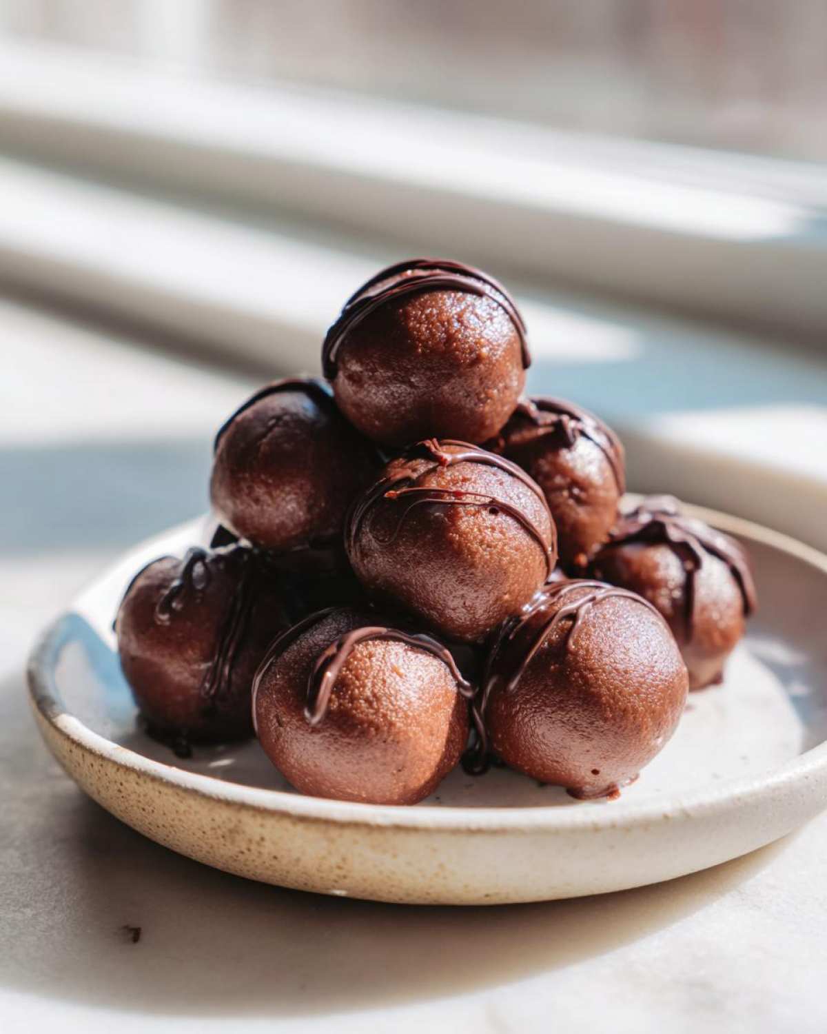 A stack of rich, dark Keto Chocolate Peanut Butter Fat Bombs drizzled with chocolate on a small ceramic plate.