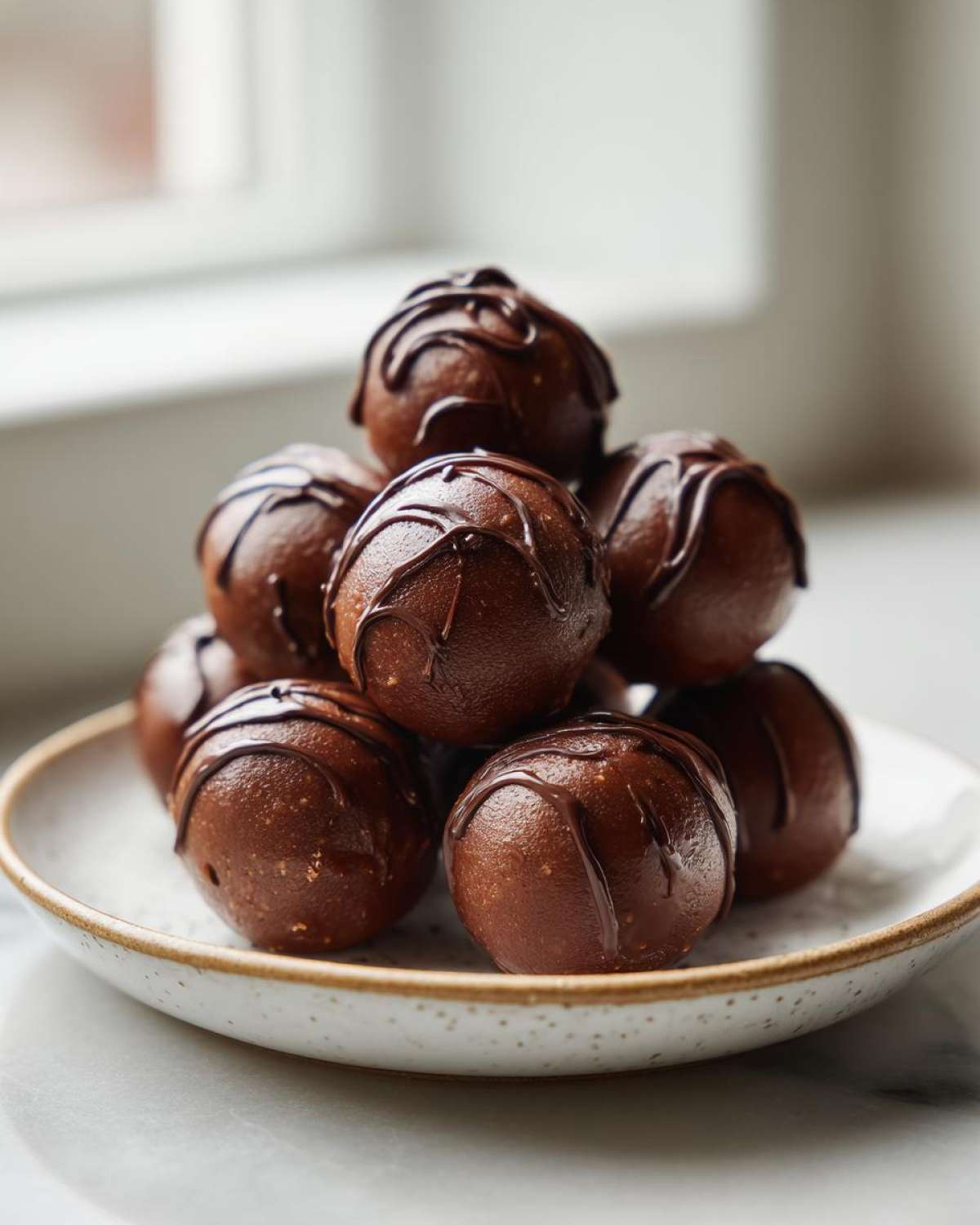 A stack of rich, dark Keto Chocolate Peanut Butter Fat Bombs drizzled with melted chocolate, sitting on a small plate.