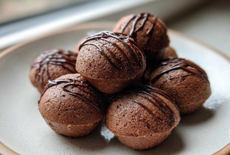 A stack of rich, dark brown Keto Chocolate Peanut Butter Fat Bombs drizzled with melted chocolate.