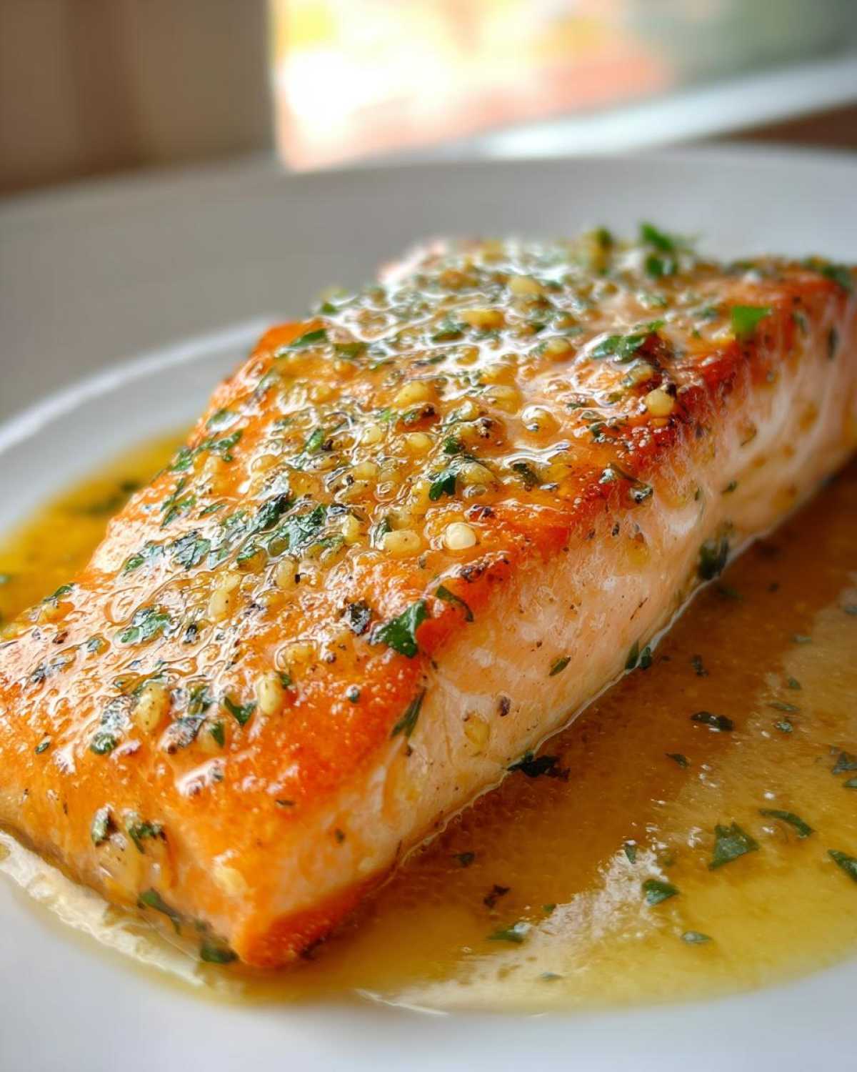 Close-up of a perfectly cooked Keto Garlic Butter Salmon fillet glistening with melted butter, garlic, and parsley.