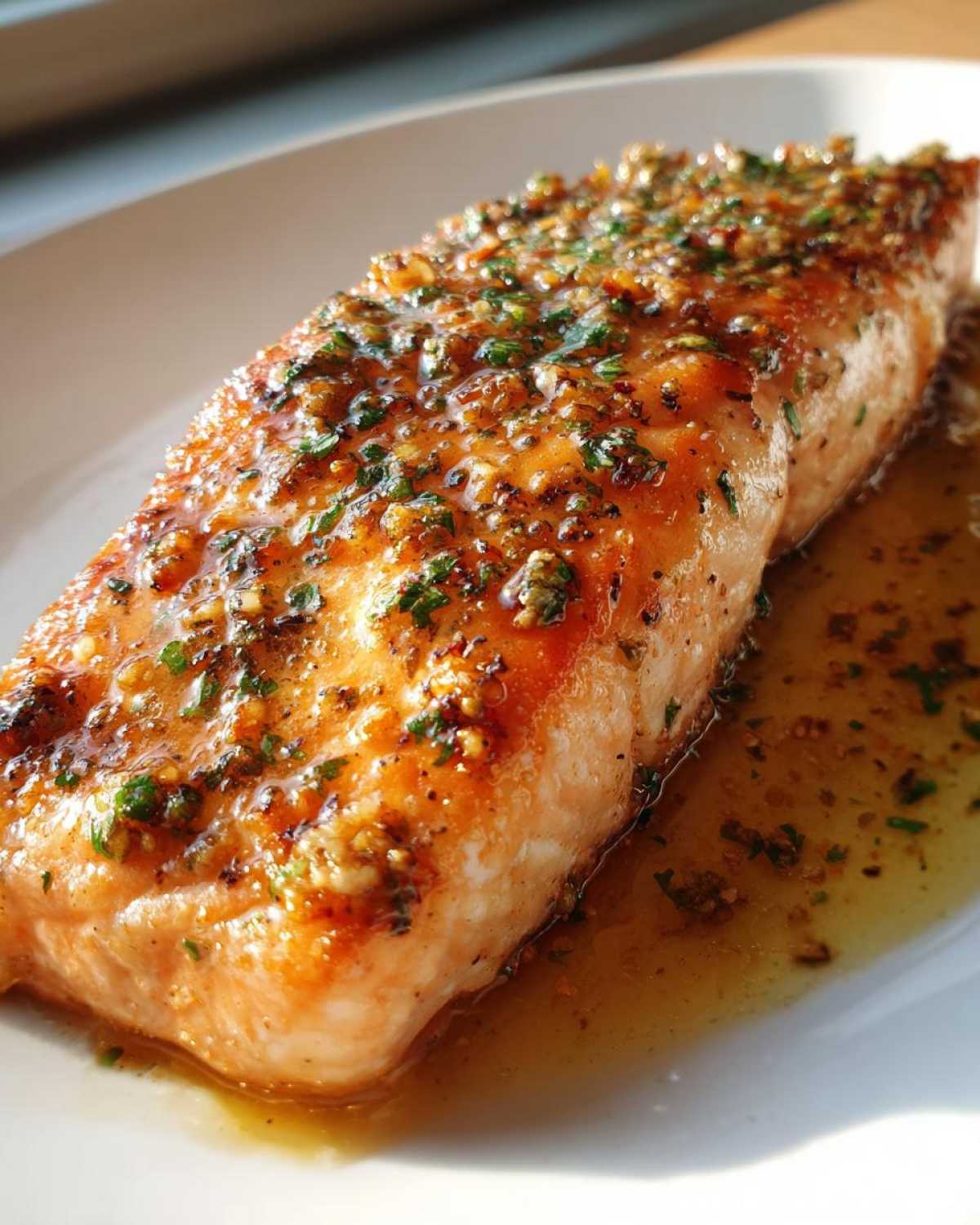 A close-up of a perfectly cooked fillet of Keto Garlic Butter Salmon glistening with butter sauce and herbs.
