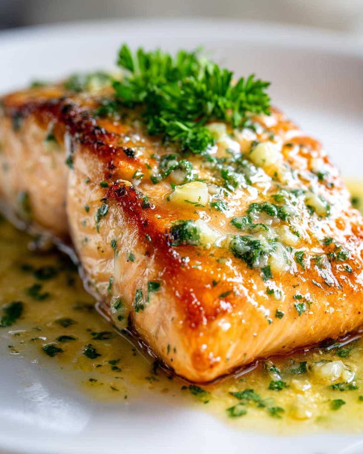 A perfectly cooked fillet of Keto Garlic Butter Salmon glistening with melted butter, garlic, and parsley.