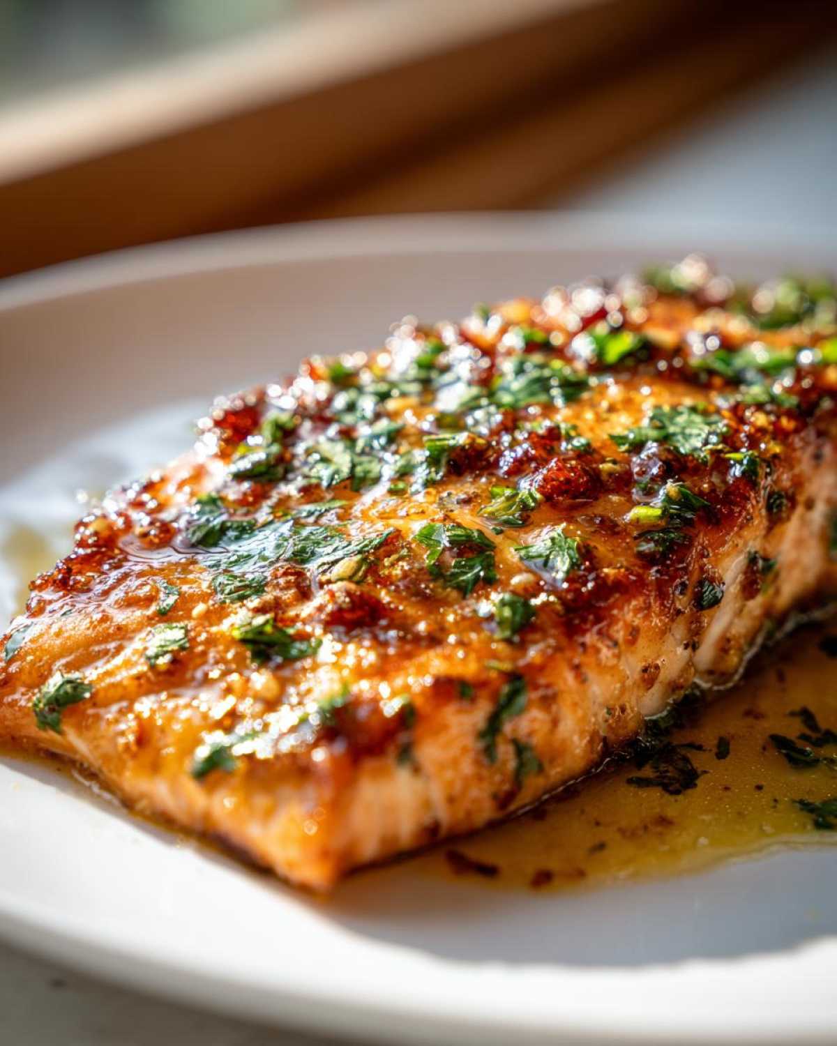 Close-up of a perfectly cooked Keto Garlic Butter Salmon fillet glistening with butter sauce and topped with fresh herbs.