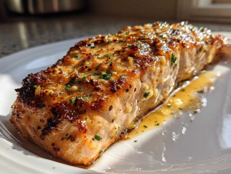 A close-up of a glistening, pan-seared Keto Garlic Butter Salmon fillet resting in its sauce on a white plate.