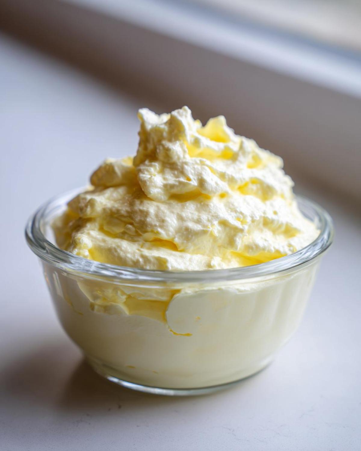 Close-up of fluffy Keto Lemon Cheesecake Mousse served in a small clear glass bowl.