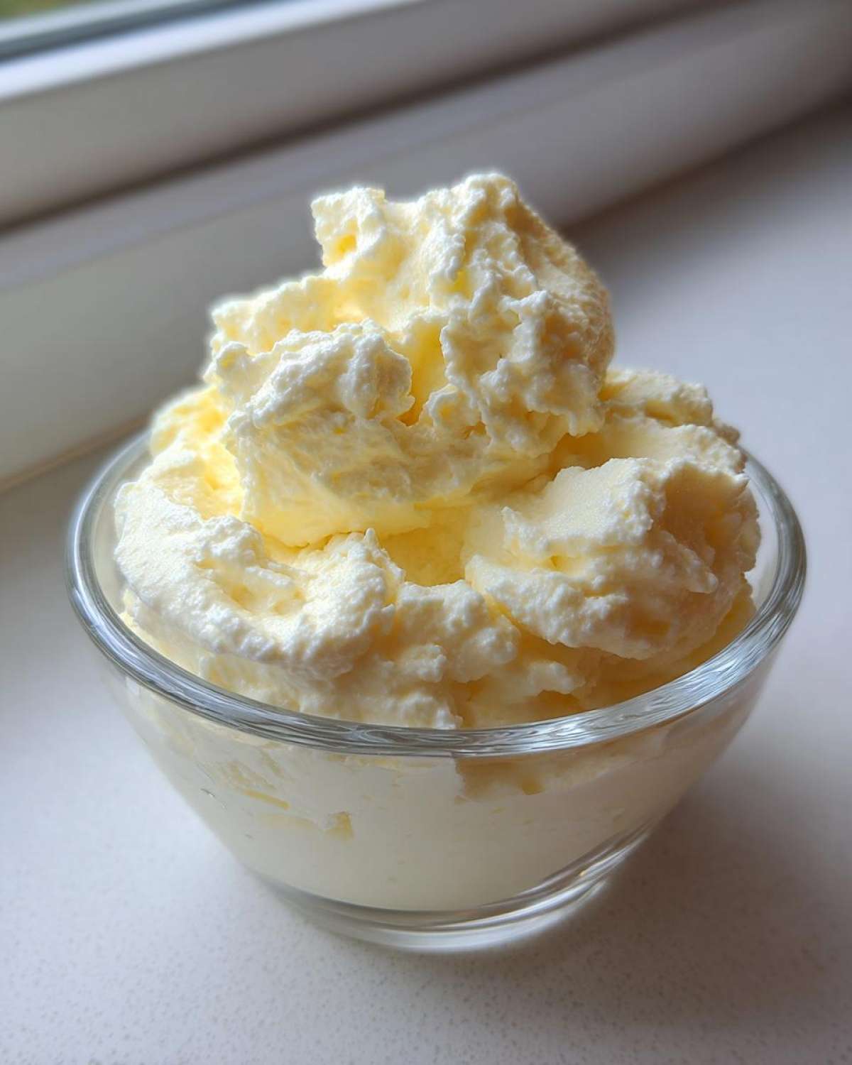 A close-up of fluffy, pale yellow Keto Lemon Cheesecake Mousse swirled high in a small clear glass bowl.