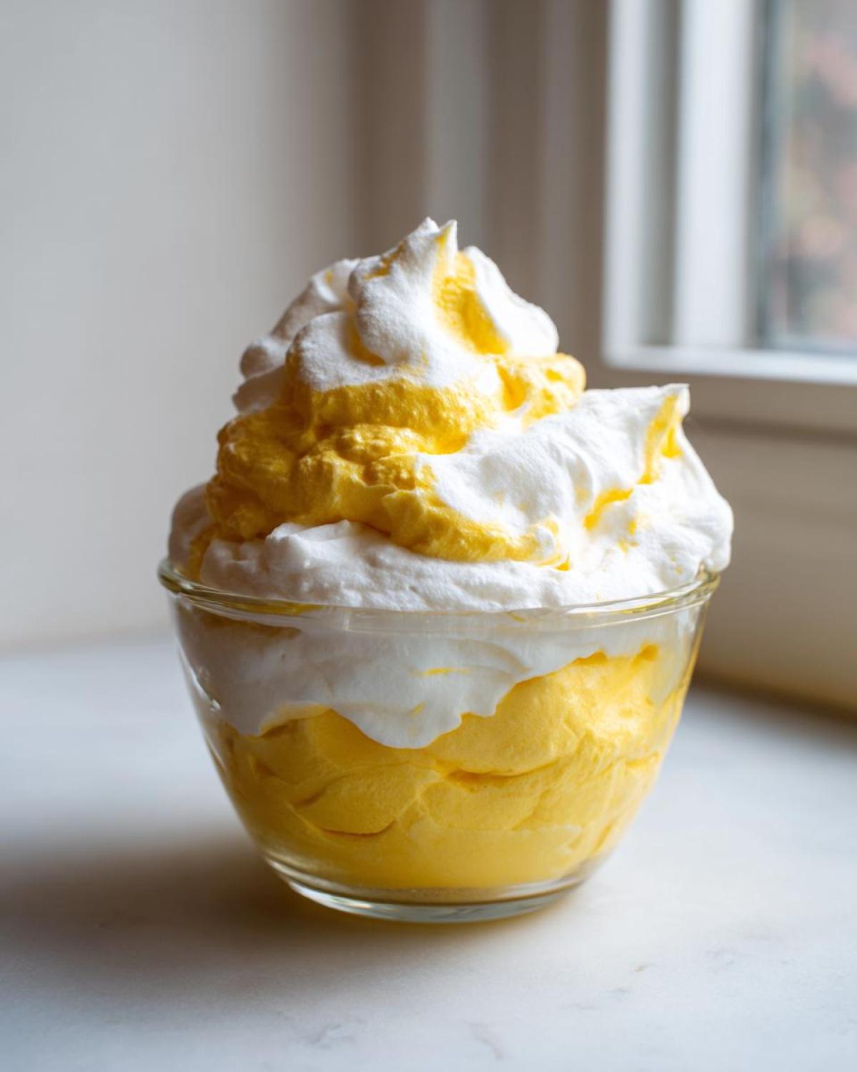 A serving of bright yellow Keto Lemon Cheesecake Mousse topped with fluffy white meringue or whipped cream.