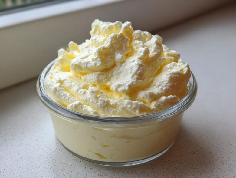 Close-up of a single serving of light yellow Keto Lemon Cheesecake Mousse topped with whipped cream.